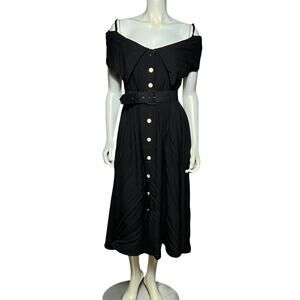 Vintage Claudine Bueché New York Black Cotton Off-Shoulder Dress white Buttons